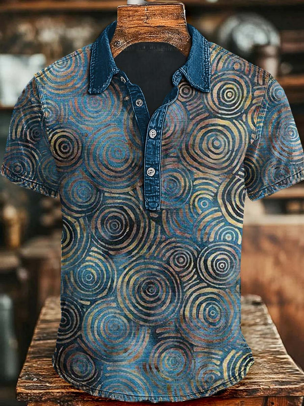 Vintage-Style Printed Circle Art Casual Short-Sleeved Polo Shirt