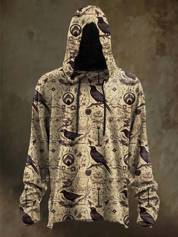Halloween Dark Raven Print Casual Hooded Sweatshirt