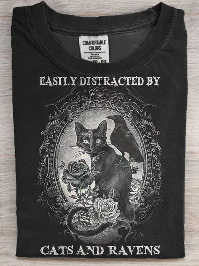 Halloween Black Cat and Raven Print Casual Short Sleeve T-Shirt