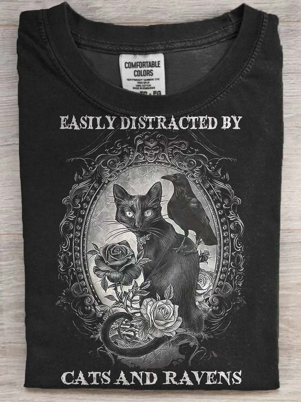 Halloween Black Cat and Raven Print Casual Short Sleeve T-Shirt