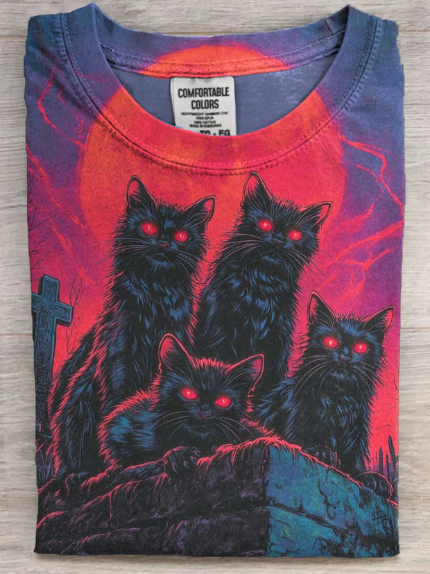 Halloween Scary Black Cat Print Casual Short Sleeve T-Shirt