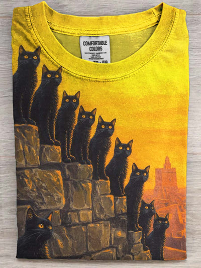 Halloween Scary Black Cat Print Casual Short Sleeve T-Shirt