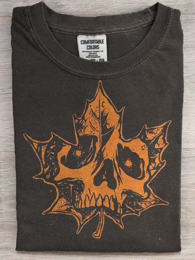 Halloween Abstract Leaf Skull Print Casual Short Sleeve T-Shirt