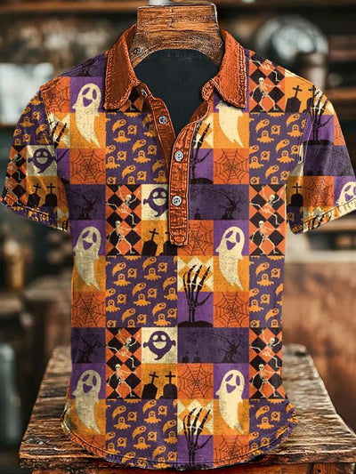 Halloween Abstract Plaid Print Casual Short Sleeve Polo Shirt