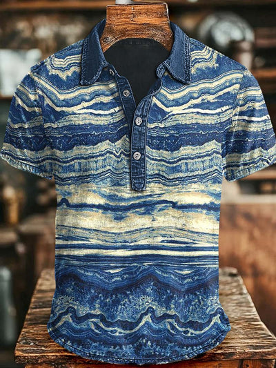 Vintage Abstract Marble Print Casual Short Sleeve Polo Shirt