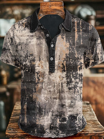Vintage-style Rendering Color-blocking Art Print Casual Short-sleeved Polo Shirt