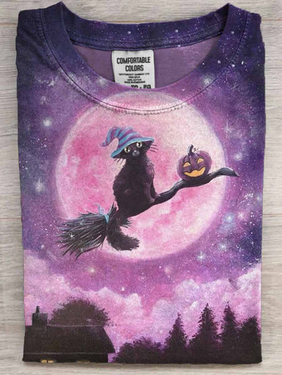 Halloween Cat Wizard Print Casual Short Sleeve T-Shirt