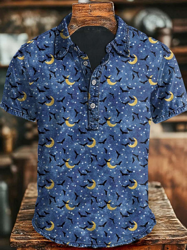Halloween Bat Moon Print Casual Short Sleeve Polo Shirt