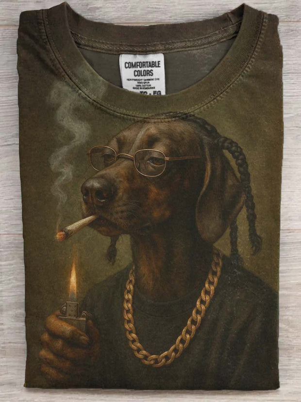 Funny West Coast Dog Smoking Printed Casual Short Sleeve T-Shirt