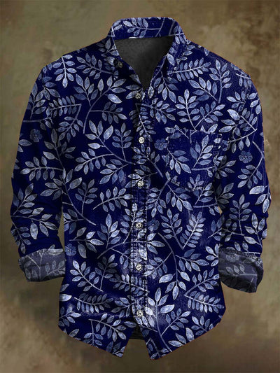 Vintage Leaf Print Casual Long Sleeve Shirt