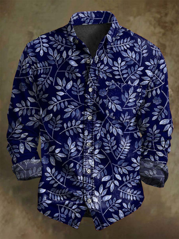 Vintage Leaf Print Casual Long Sleeve Shirt