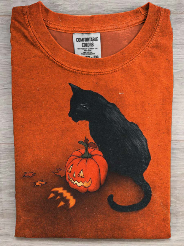 Halloween Black Cat Print Casual Short Sleeve T-Shirt