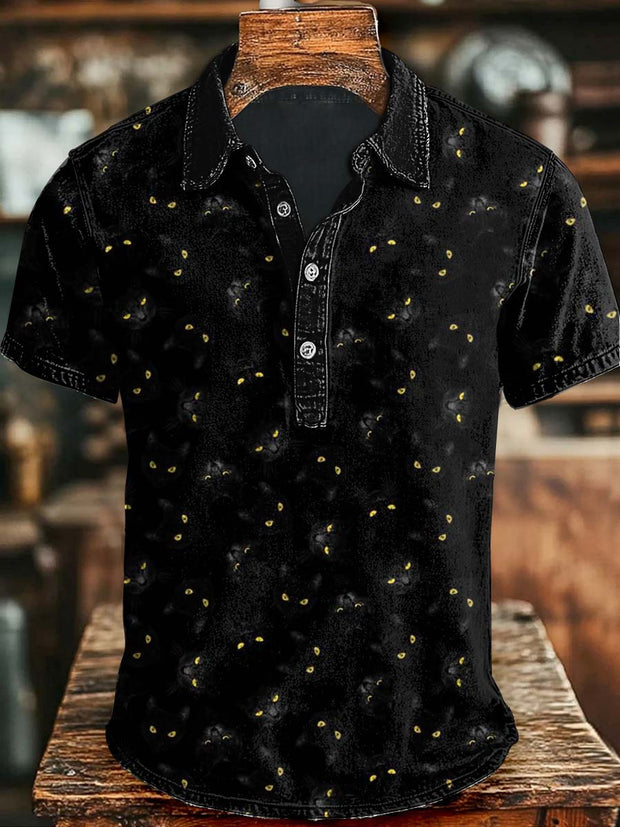 Halloween Black Cat Print Casual Short Sleeve Polo Shirt