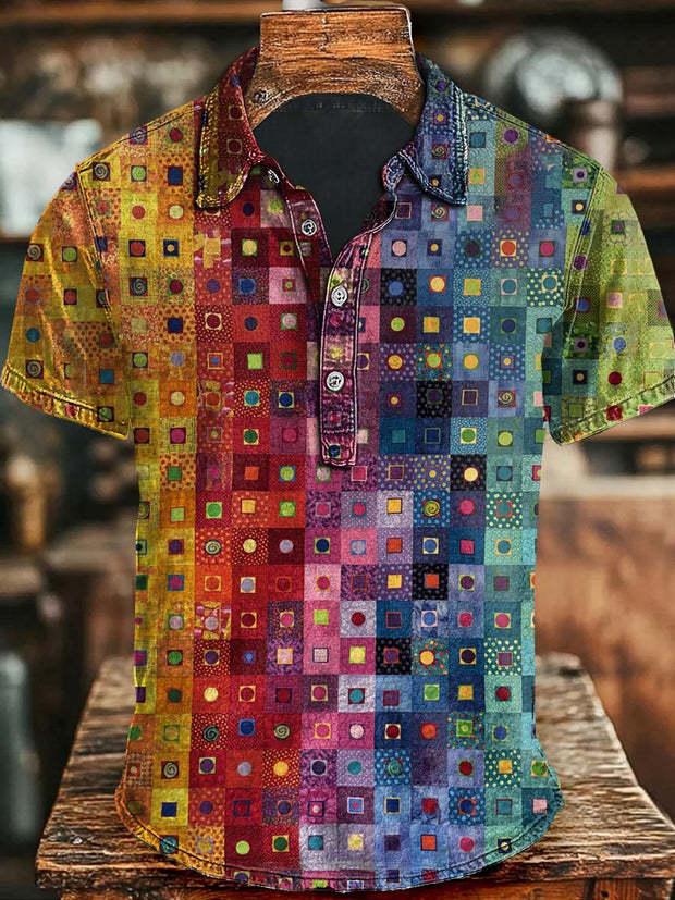 Abstract Colorful Irregular Checkered Print Casual Short-Sleeved Polo Shirt