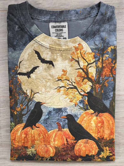 Halloween Raven Pumpkin Print Casual Short Sleeve T-Shirt