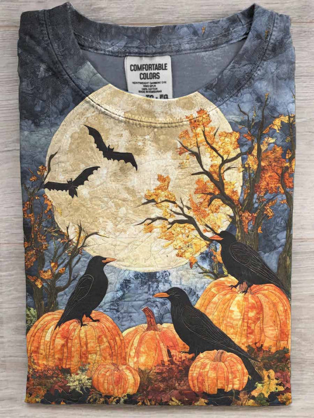 Halloween Raven Pumpkin Print Casual Short Sleeve T-Shirt
