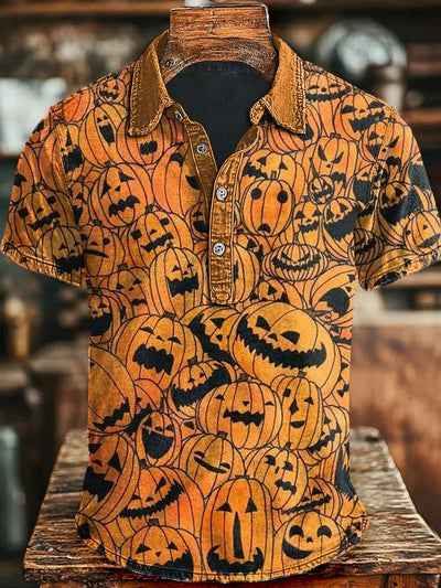 Halloween Evil Pumpkin Print Casual Short Sleeve Polo Shirt