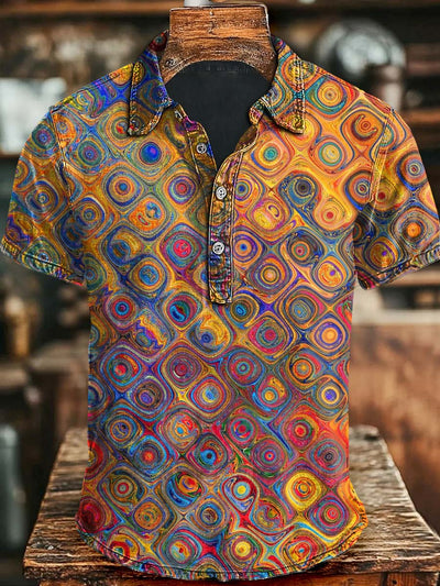 Abstract Colorful Irregular Checkered Print Casual Short-Sleeved Polo Shirt