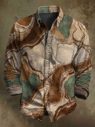 Retro Marble Texture Printed Casual Long Sleeve Shirt