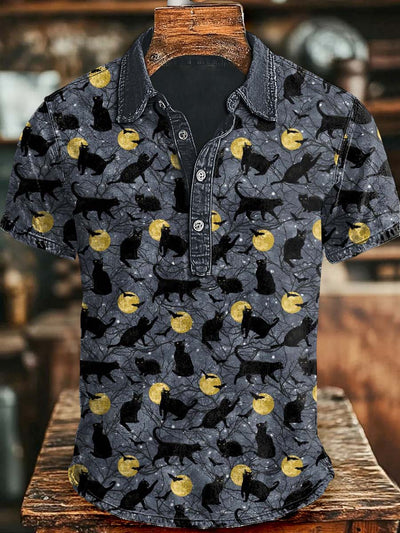 Halloween Pumpkin Black Cat Print Casual Short Sleeve Polo Shirt