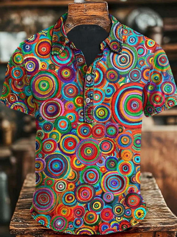 Abstract Colorful Circle Print Casual Short Sleeve Polo Shirt