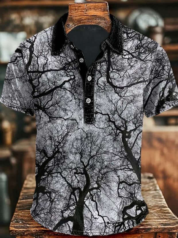 Dark Forest Print Casual Short-Sleeved Polo Shirt