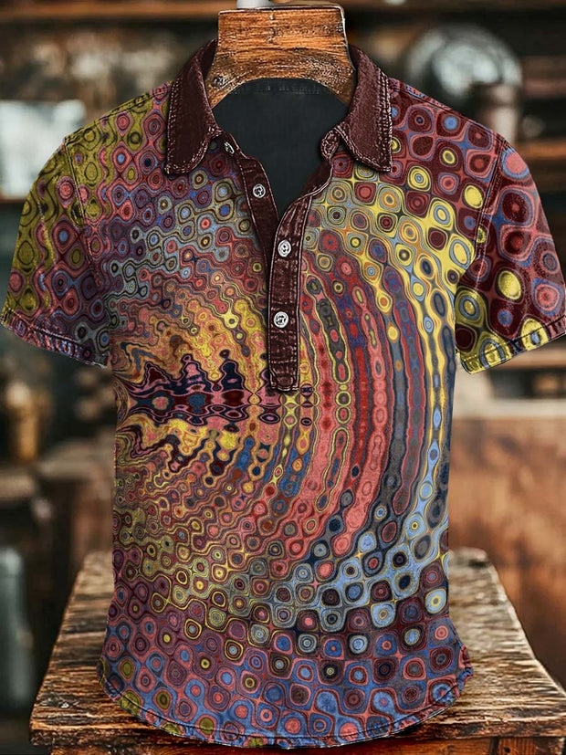 Abstract Colorful Irregularly Rendered Circle Print Casual Short-Sleeved Polo Shirt
