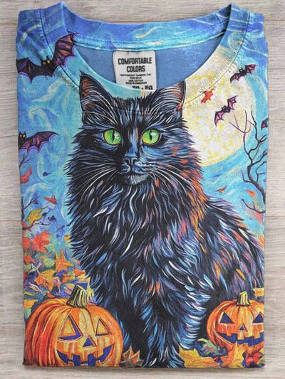 Halloween Black Cat Pumpkin Print Casual Short Sleeve T-Shirt