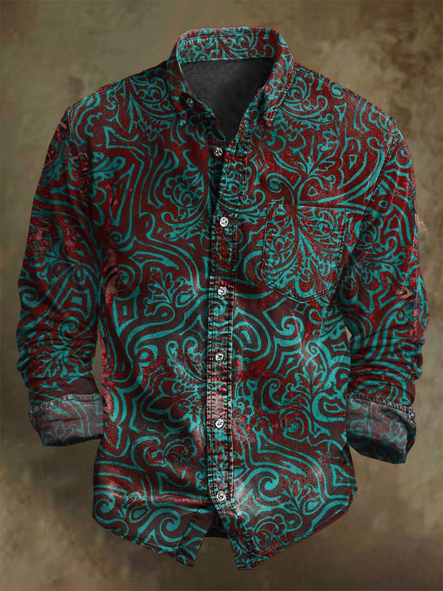 Vintage Abstract Floral Print Casual Long Sleeve Shirt