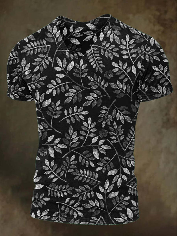 Leaf Print Casual Short Sleeve T-Shirt Gray