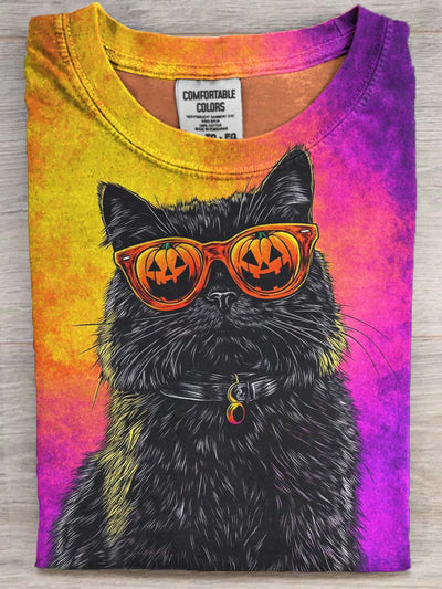 Halloween Black Cat Pumpkin Print Casual Short Sleeve T-Shirt