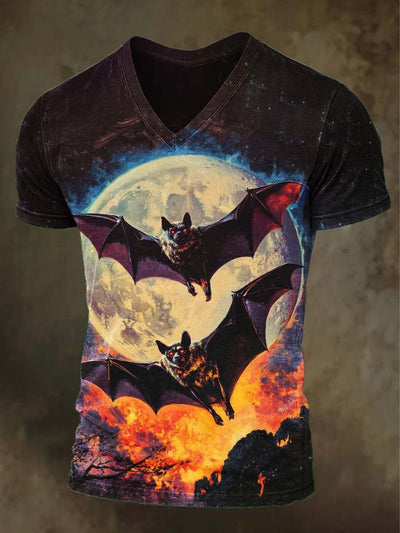 Halloween Midnight Bat Print Casual Short Sleeve T-Shirt