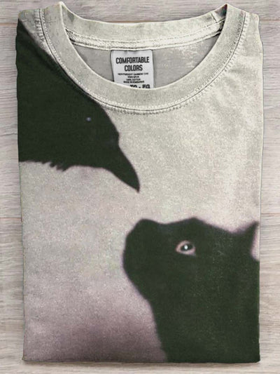 Halloween Raven Black Cat Print Casual Short Sleeve T-Shirt