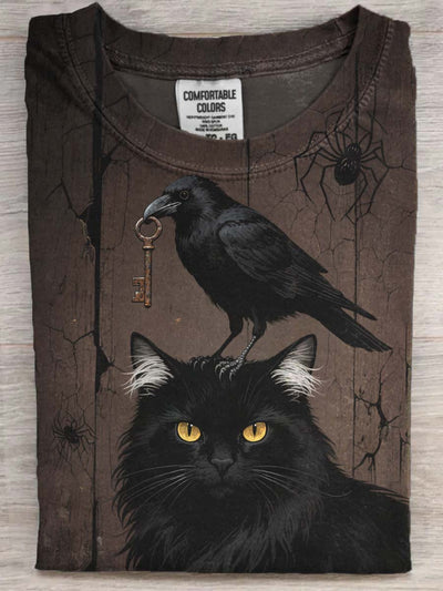 Halloween Black Cat Raven Print Casual Short Sleeve T-Shirt