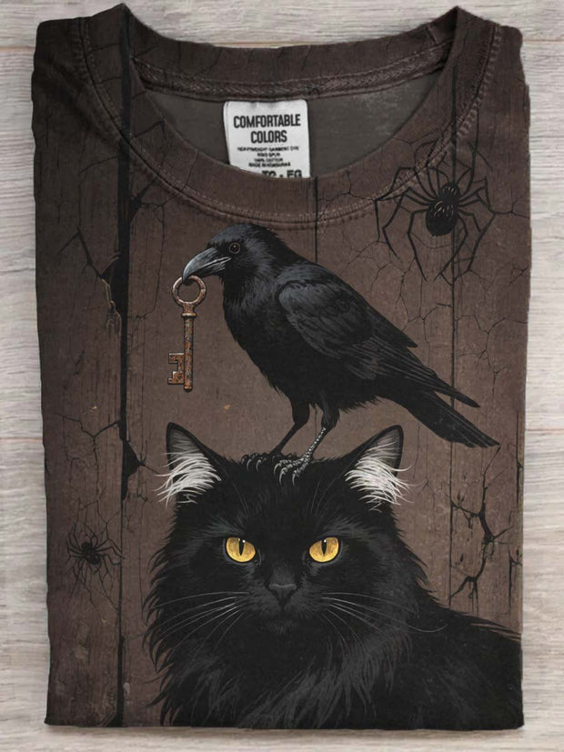 Halloween Black Cat Raven Print Casual Short Sleeve T-Shirt