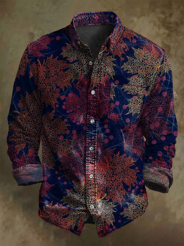 Vintage Fall Leaf Print Casual Long Sleeve Shirt