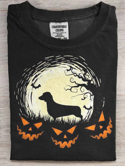 Halloween Pumpkin Dachshund Print Casual Short Sleeve T-Shirt