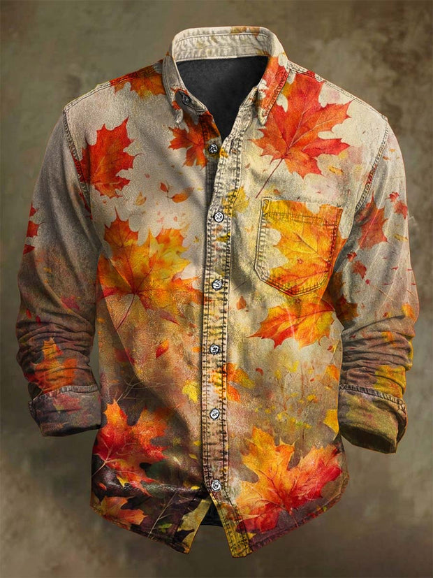 Vintage Fall Leaf Print Casual Long Sleeve Shirt