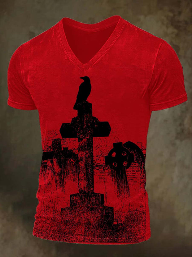 Halloween Dark Raven Print Casual Short Sleeve T-Shirt