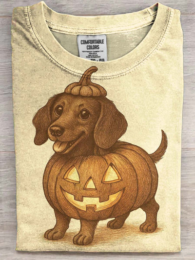 Halloween Pumpkin Dachshund Print Casual Short Sleeve T-Shirt