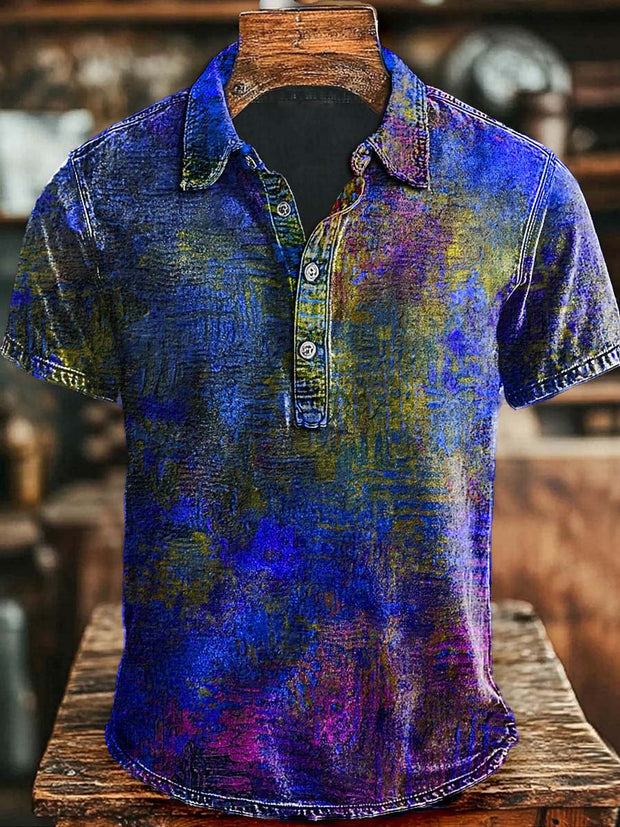 Art Gradient Color Block Print Casual Polo Shirt