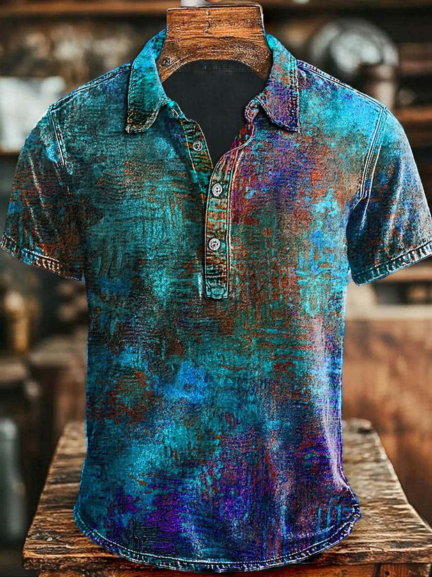 Art Gradient Color Block Print Casual Polo Shirt