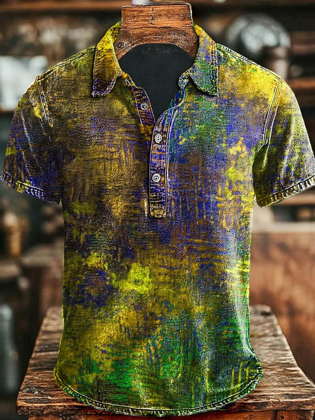 Art Gradient Color Block Print Casual Polo Shirt