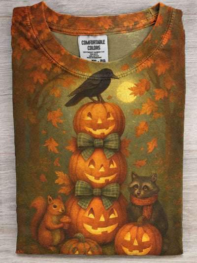 Halloween Pumpkin Squirrel Raven Print Casual Short Sleeve T-Shirt