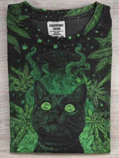 Halloween Abstract Black Cat Print Casual Short Sleeve T-Shirt