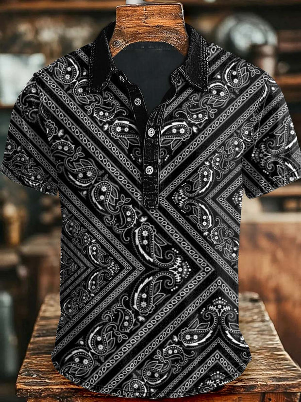 Vintage Paisley Floral Print Casual Short Sleeve Polo Shirt
