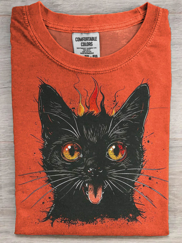Halloween Black Cat Print Casual Short Sleeve T-Shirt