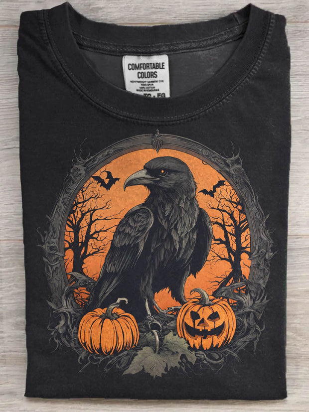 Halloween Raven Print Casual Short Sleeve T-Shirt