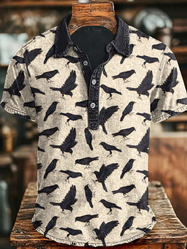 Halloween Raven Print Casual Short Sleeve Polo Shirt