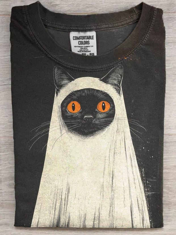 Halloween Black Cat Print Casual Short Sleeve T-Shirt